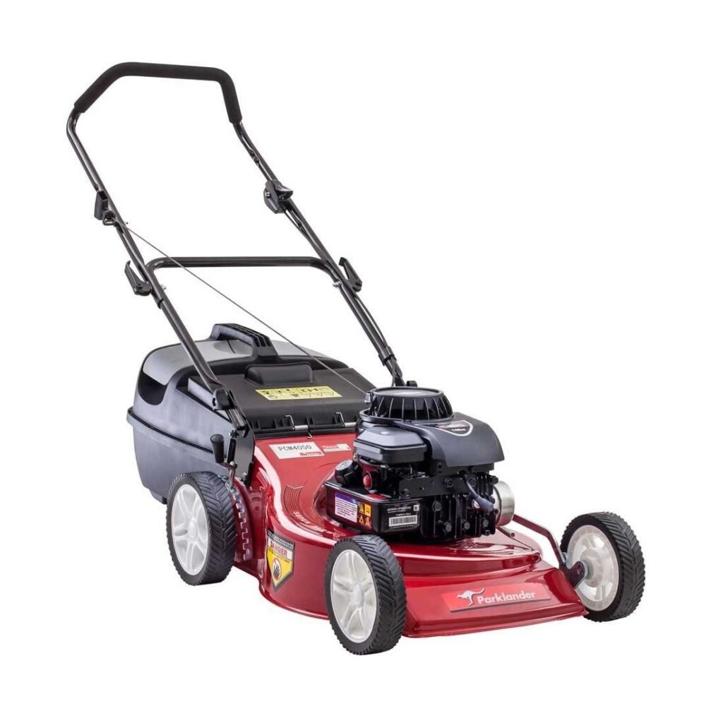 parklander red back 450e petrol 125cc mulch and catch push lawn mower pcm4050e