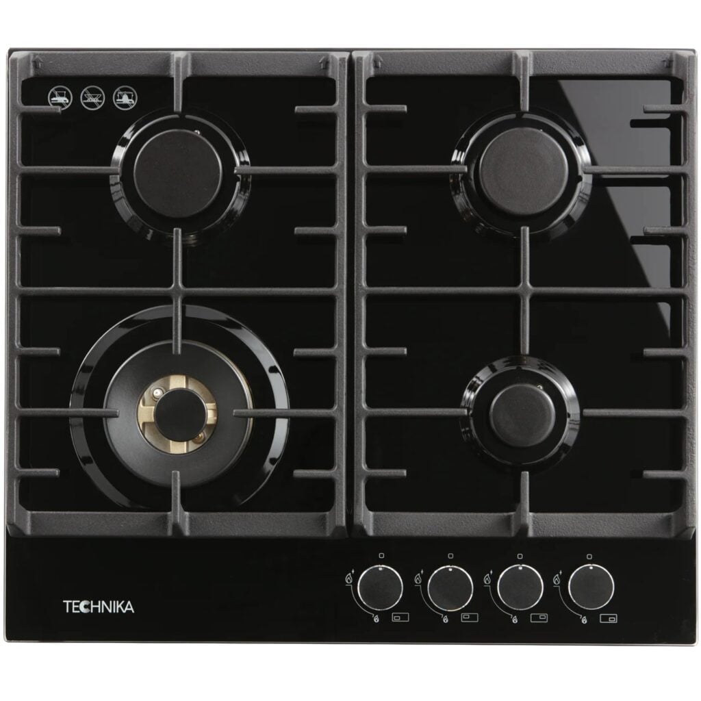 technika 60cm gas on black glass cooktop