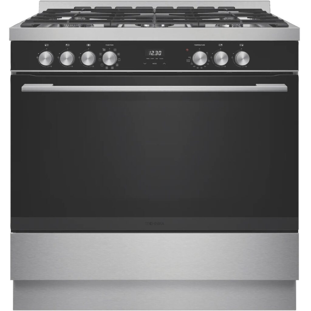 technika 90cm 10 function dual fuel freestanding cooker black glass + stainless steel